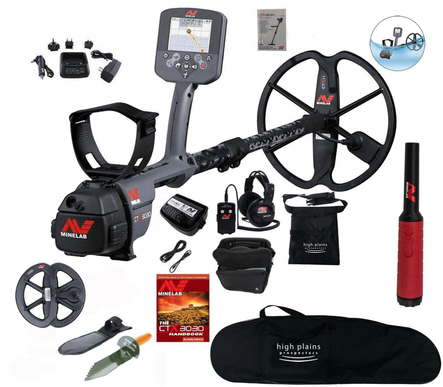 Minelab CTX 3030 Waterproof Metal Detector with Pro-Find 40 and Extra 6" Coil, High Plains Gear - 3228-0101-6in-pf40-free-gear2-bundle