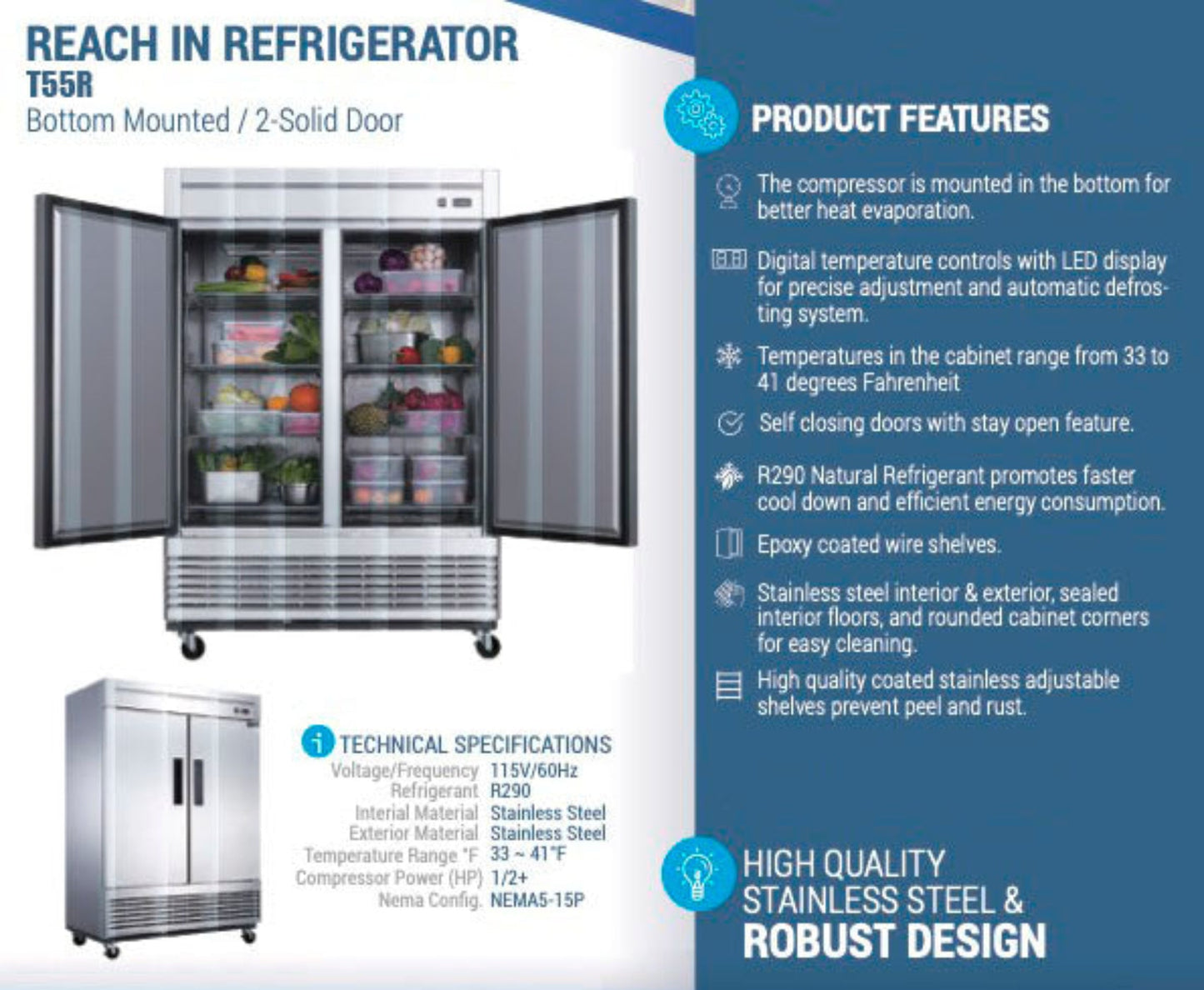 Chef AAA - Commercial 55" Reach-In Refrigerator Solid 2 Door 40 cu.ft. - T55R
