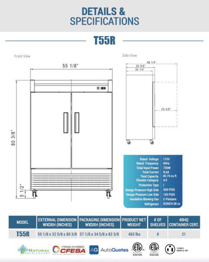 Chef AAA - Commercial 55" Reach-In Refrigerator Solid 2 Door 40 cu.ft. - T55R