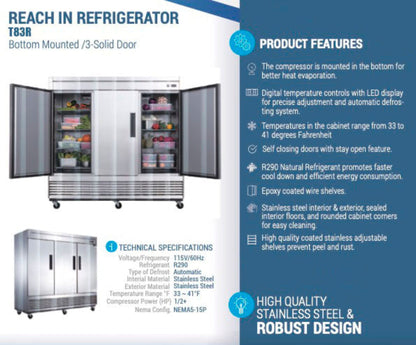 Chef AAA Commercial 83" Reach-In Refrigerator 3 Solid Door Stainless Steel 64 cu.ft. - T83R