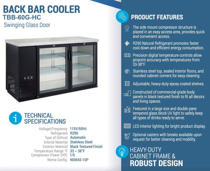 Chef AAA - Commercial 61" Glass Door Back Bar Refrigerator 15.2 cu.ft. - TBB-60G-HC