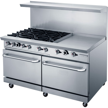 Chef AAA - TCR60-6B24GM Commercial 60" Oven Range Six Open Burner with 24" Griddle Natural Gas - TCR60-6B24GM