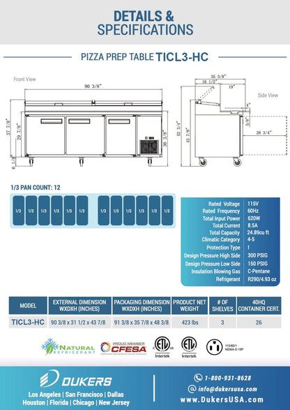 Chef AAA - TICL3-HC, Commercial 90" Pizza Prep Table Refrigerator 12 Pans 3 Door Stainless Steel 24.8 cu.ft. - TICL3-HC