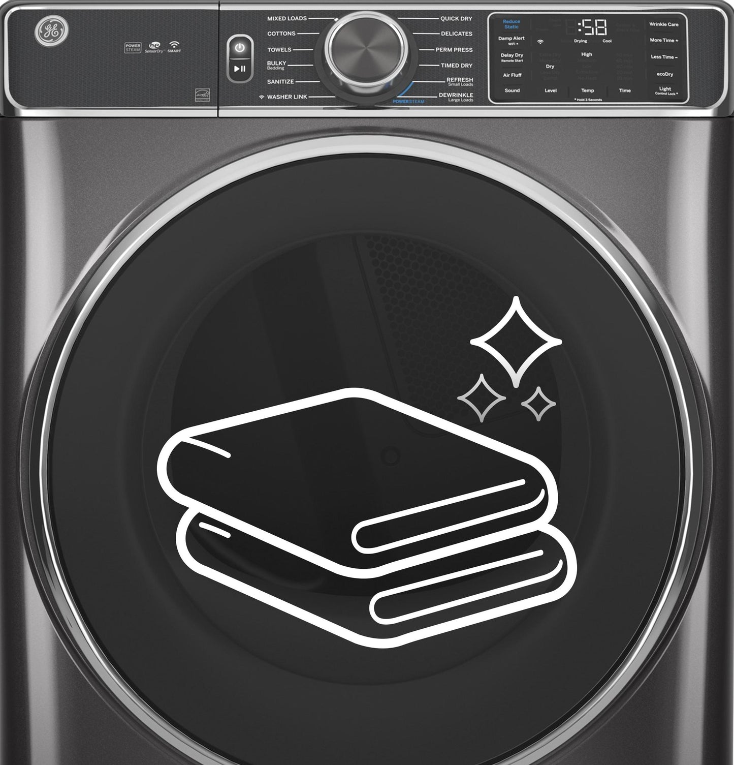 GE APPLIANCES GFD65ESPVDS GE(R) 7.8 cu. ft. Capacity Smart Front Load Electric Dryer with Steam and Sanitize Cycle - GFD65ESPVDS-KT