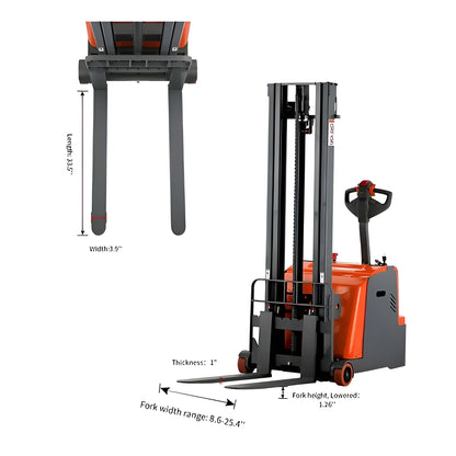 Tory Carrier Counterbalanced Electric Stacker Straddle Legs with Adjustable Forks 1212 lbs. Capacity 118" Lifting Height New - NAT11W-118