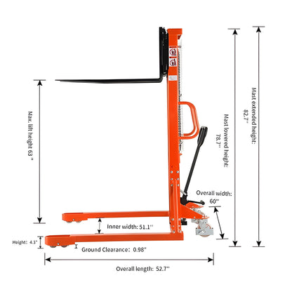 Tory Carrier Manual Pallet Stacker with Straddle legs 1100 lbs. 63" Lifting Height New - MSSL1163