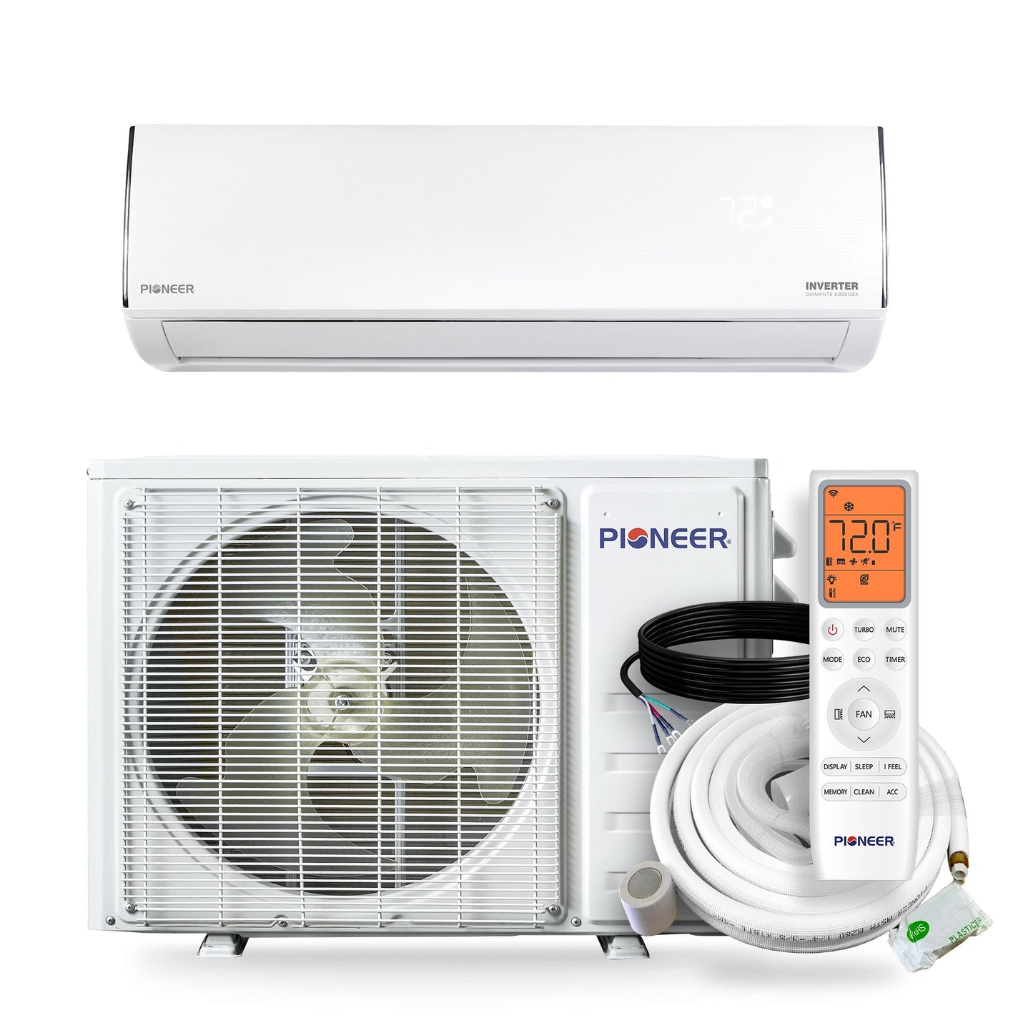 Pioneer® Diamante Essenza™ 11,500 BTU 17 SEER2 230V High-Wall Ductless Mini-Split Air Conditioner Inverter Heat Pump with 16 Ft. Kit - WYT012GLUI17RL