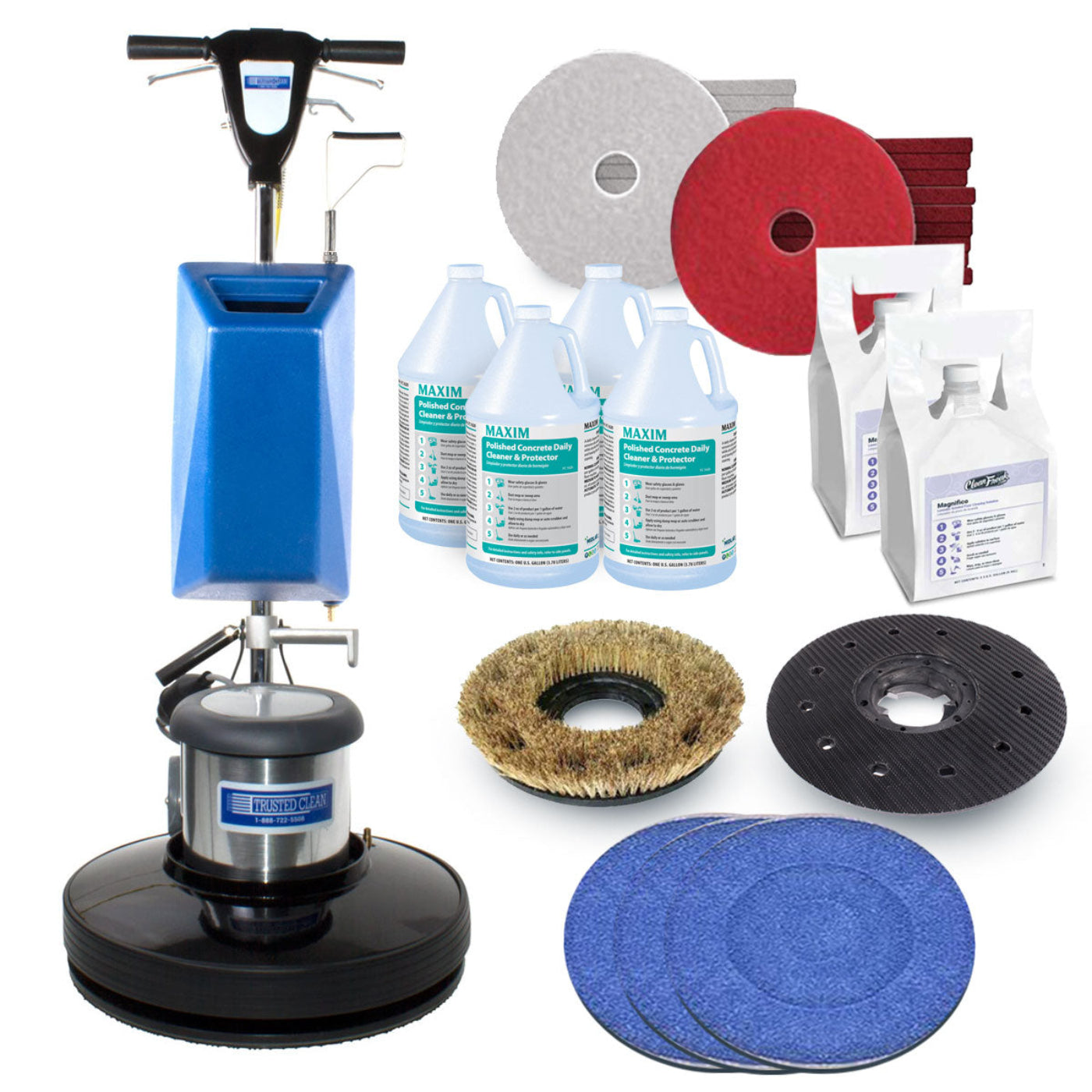 Trusted Clean Stone & Marble Floor Cleaning & Polishing Package w/ Floor Buffer, Chemicals & Accessories - FLR-PACKAGE6