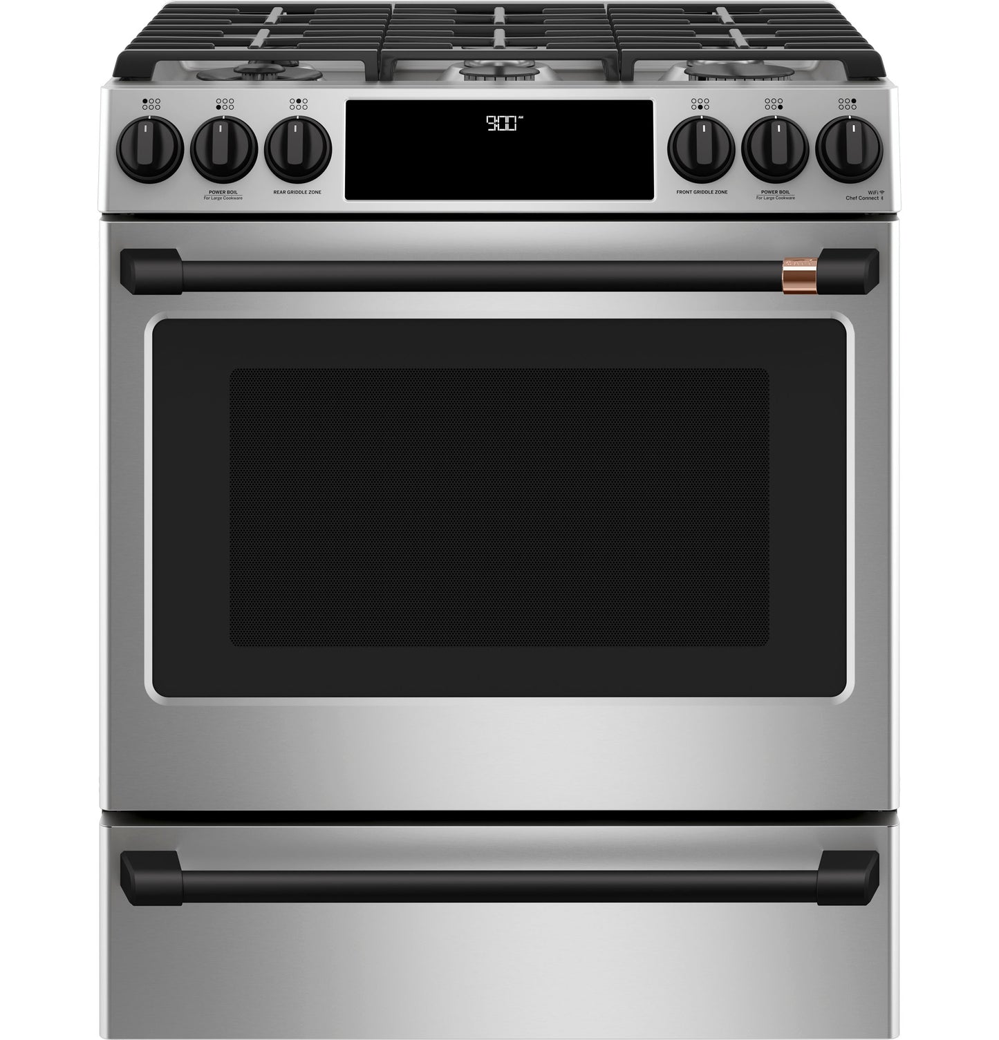 CAFE C2S900P2MS1 CAFé 30" Smart Slide-In, Front-Control, Dual-Fuel Range with Warming Drawer in Stainless Steel - C2S900P2MS1