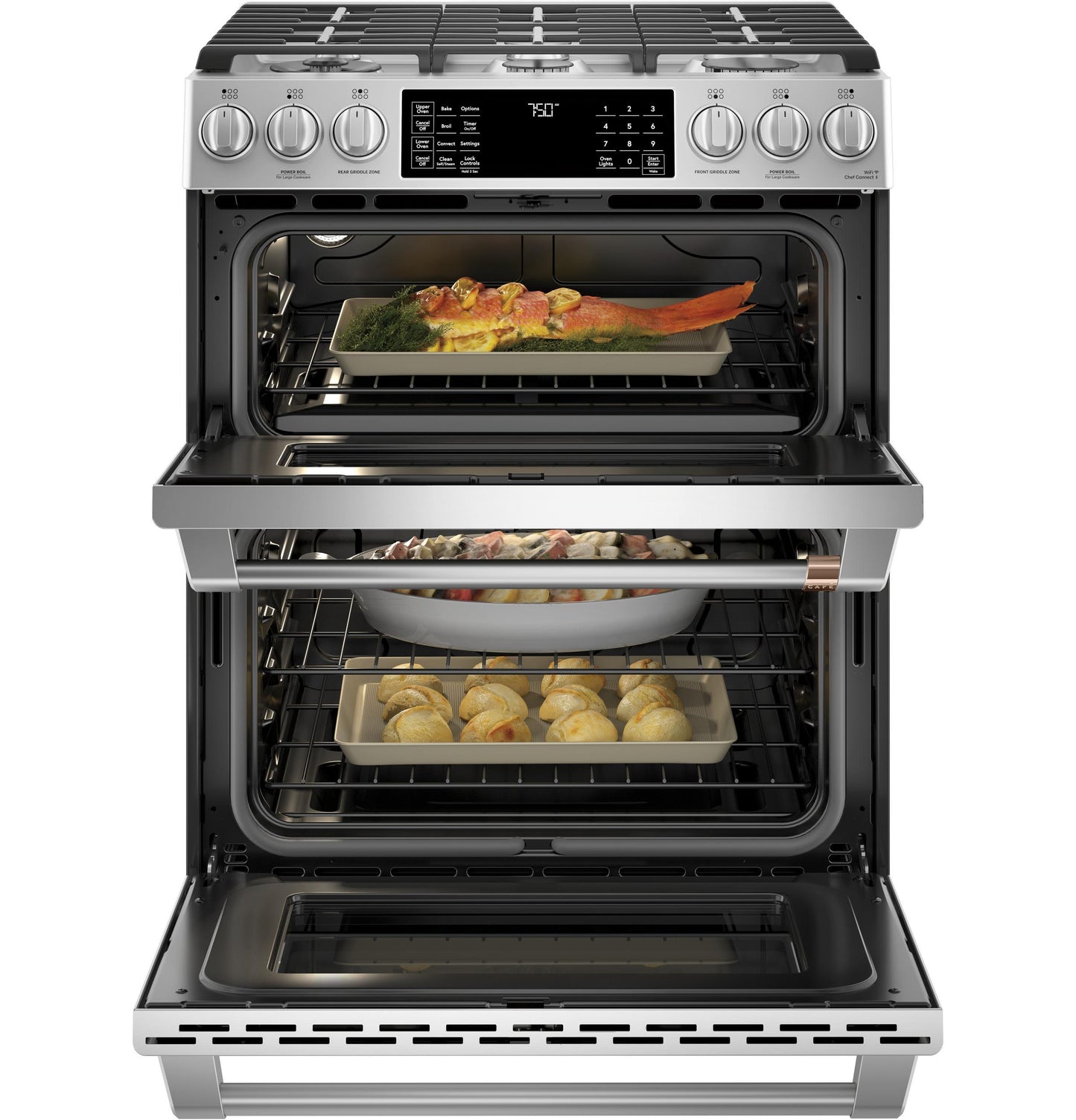 CAFE CGS750P2MS1 CAFé 30" Smart Slide-In, Front-Control, Gas Double-Oven Range with Convection in Stainless Steel - CGS750P2MS1