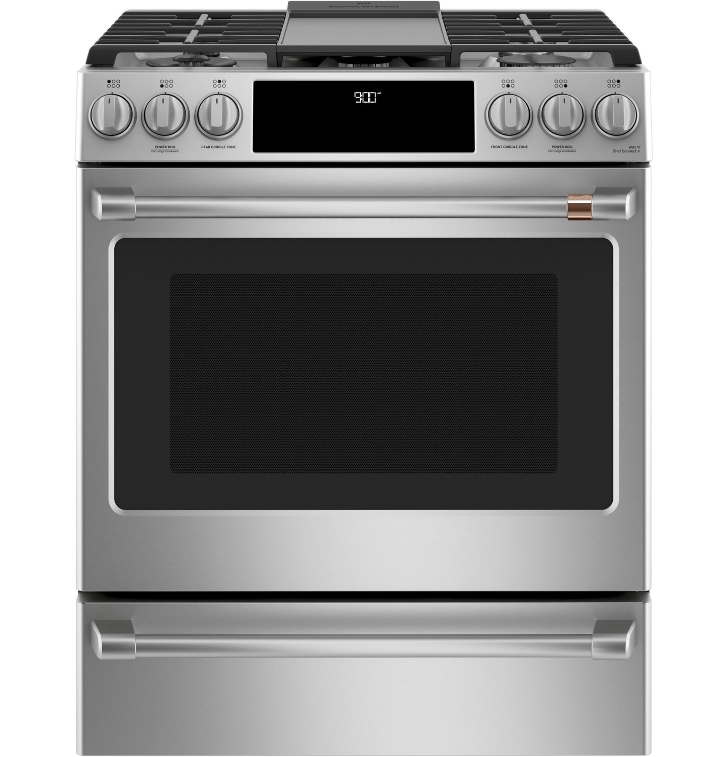 CAFE C2S900P2MS1 CAFé 30" Smart Slide-In, Front-Control, Dual-Fuel Range with Warming Drawer in Stainless Steel - C2S900P2MS1