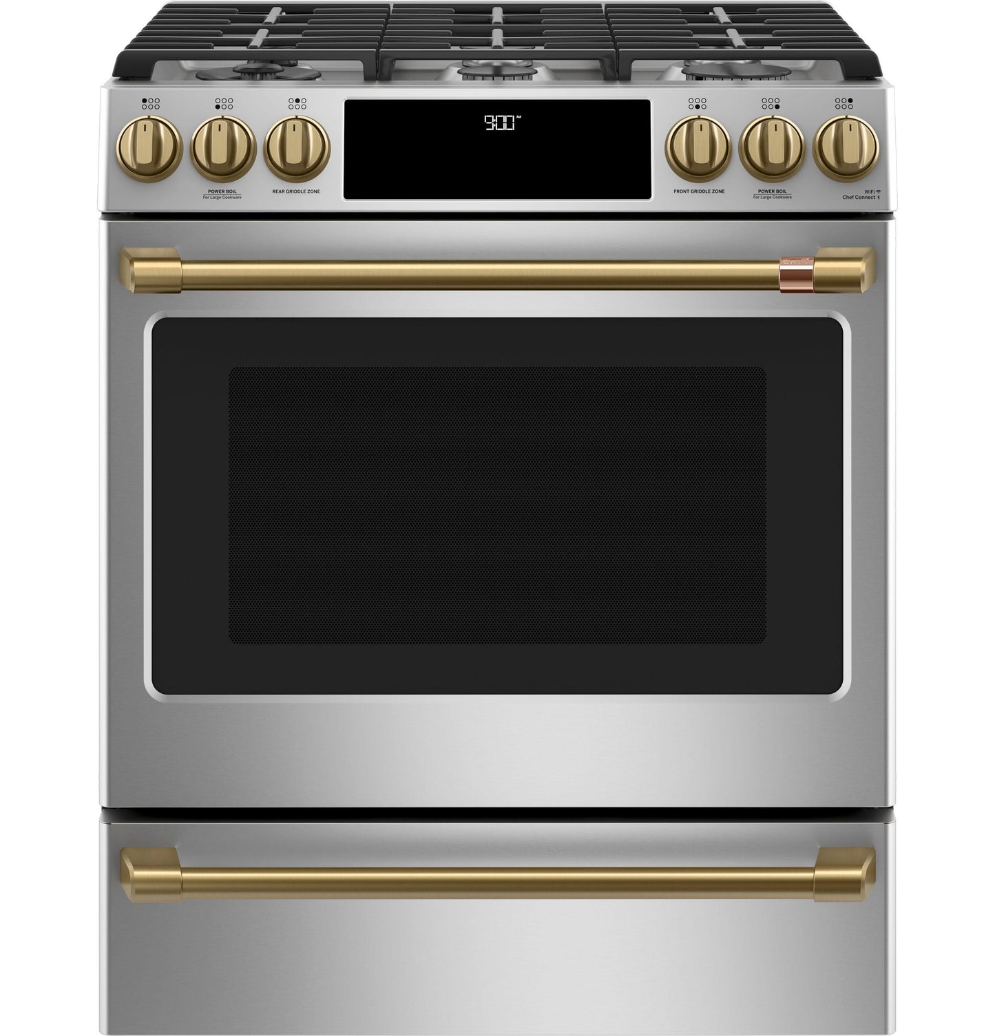 CAFE C2S900P2MS1 CAFé 30" Smart Slide-In, Front-Control, Dual-Fuel Range with Warming Drawer in Stainless Steel - C2S900P2MS1