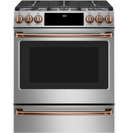 CAFE C2S900P2MS1 CAFé 30" Smart Slide-In, Front-Control, Dual-Fuel Range with Warming Drawer in Stainless Steel - C2S900P2MS1
