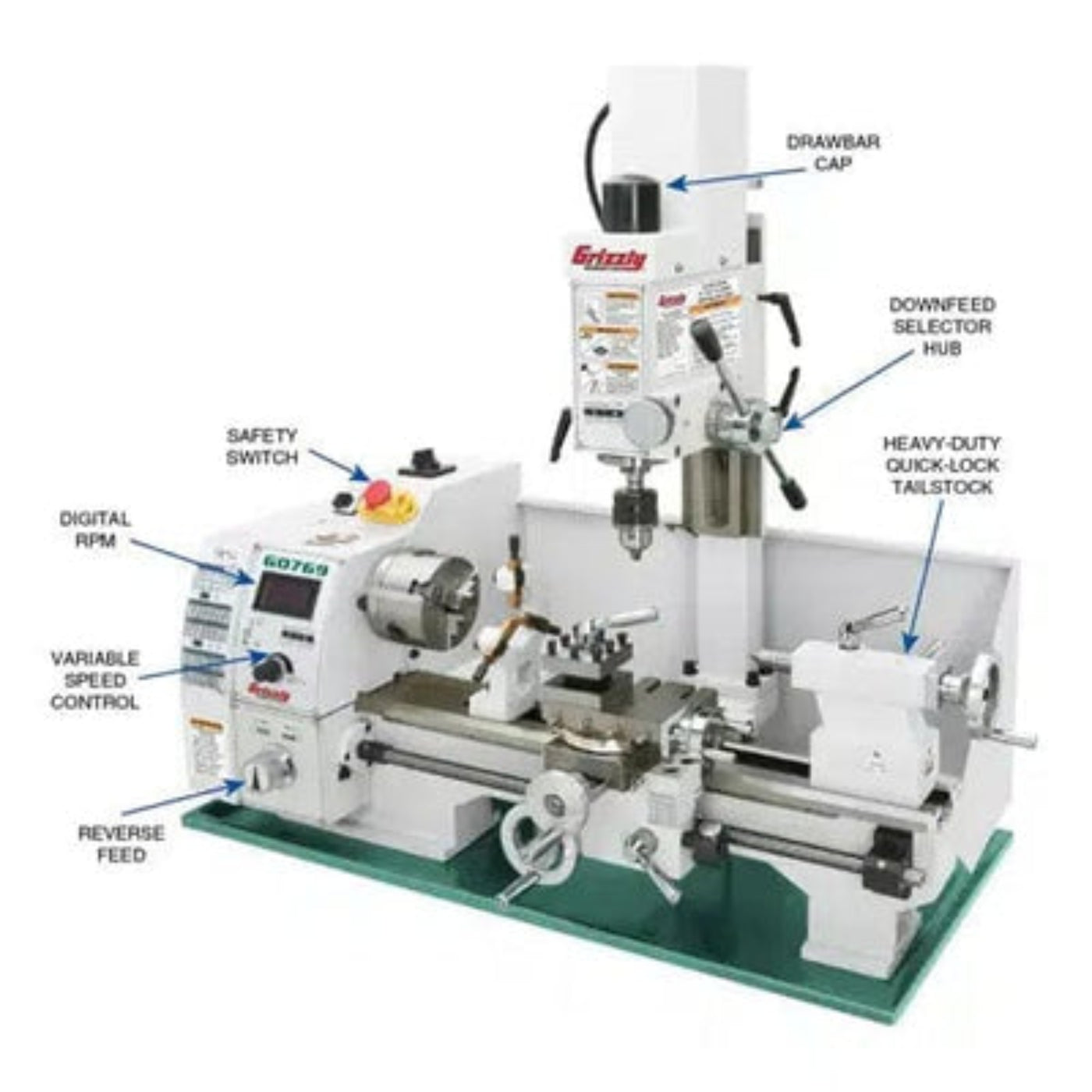 U.S Industrial Grizzly Industrial 8" x 16" Variable-Speed Lathe with Milling Head