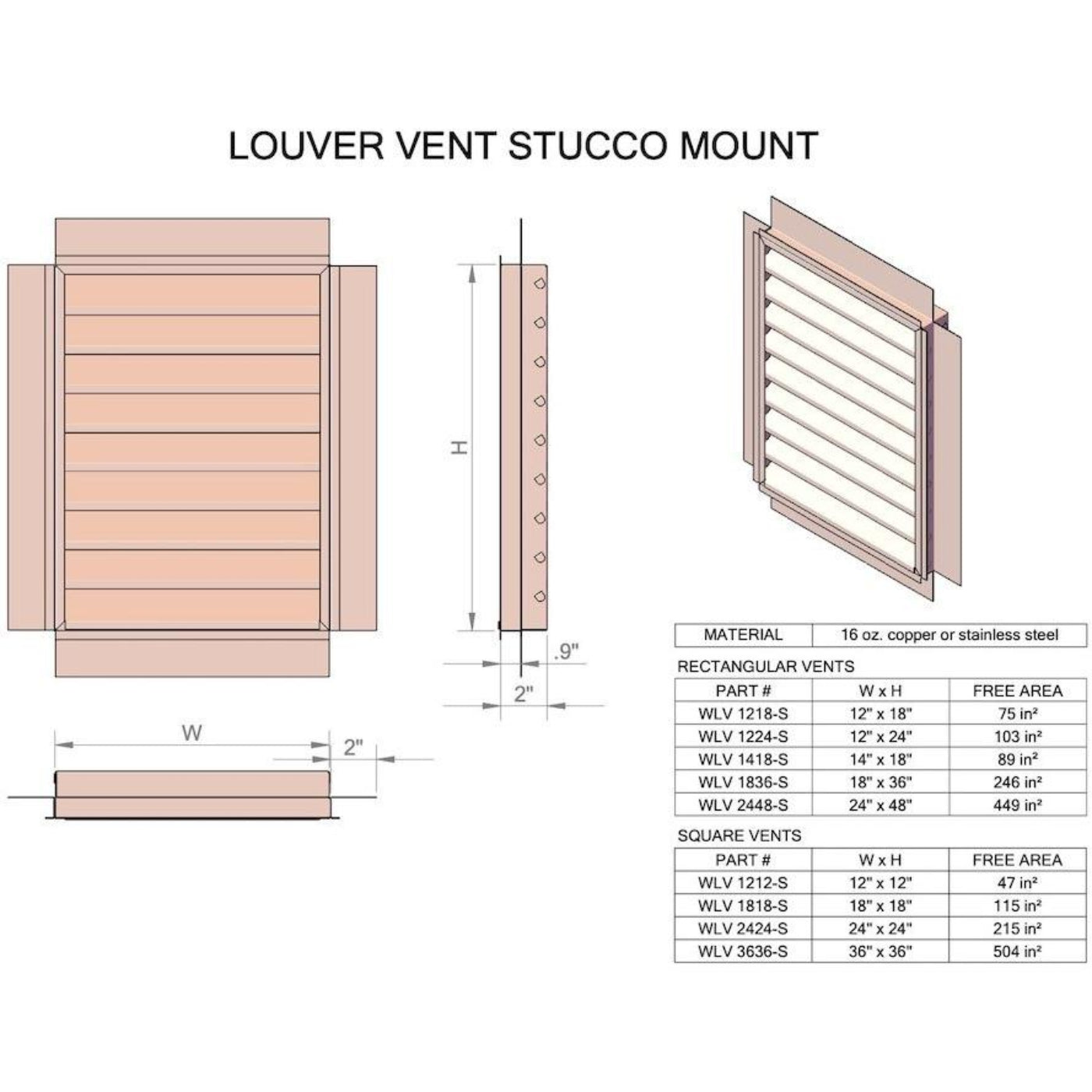 Copperlab Hammered Copper Louvered Gable End Vent - HCWLV1212F