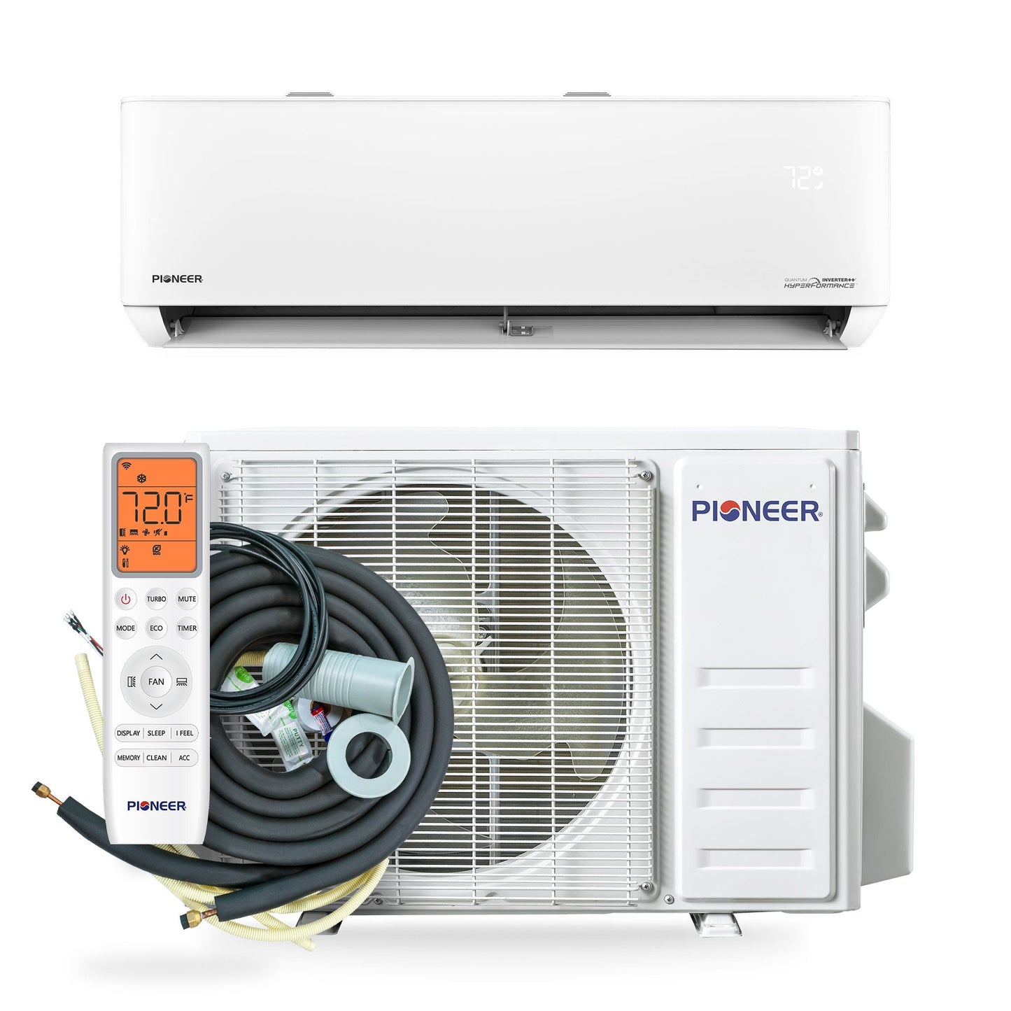 Pioneer Quantum Hyperformance 24,000 BTU 23 SEER2 230V High-Wall Ductless Energy-Star Mini-Split Air Conditioner Inverter Hyper Heat Pump Full Set - WYT024GLSI25RH