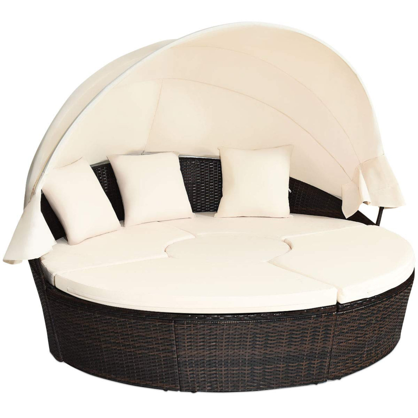 Tangkula Patio Round Daybed with Retractable Canopy, Outdoor Wicker Rattan Furniture Sets - HW63763+