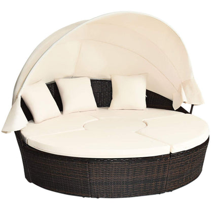 Tangkula Patio Round Daybed with Retractable Canopy, Outdoor Wicker Rattan Furniture Sets - HW63763+
