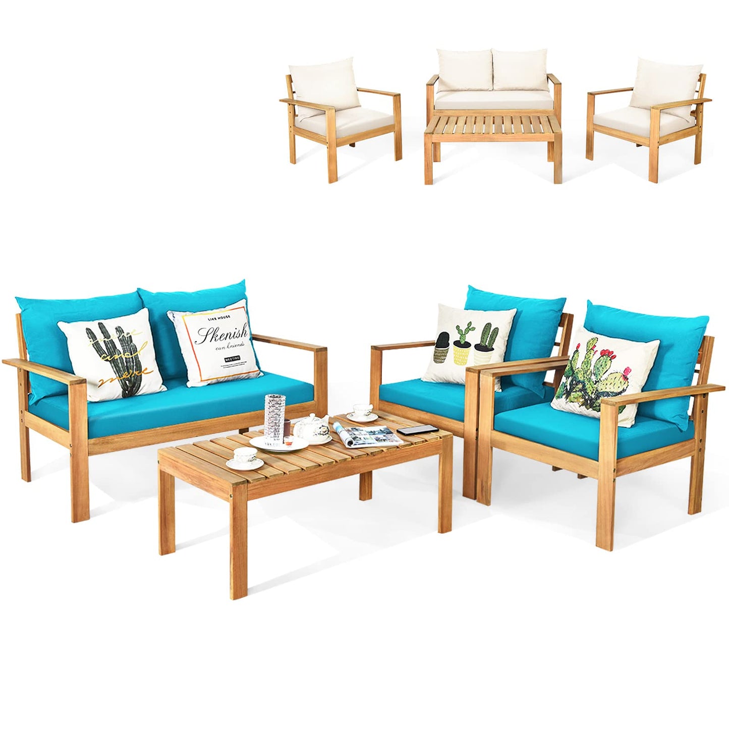 Tangkula Outdoor 4-Piece Acacia Wood Chat Set - HW64146WH-C+HW64146TU+