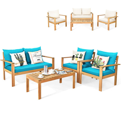 Tangkula Outdoor 4-Piece Acacia Wood Chat Set - HW64146WH-C+HW64146TU+