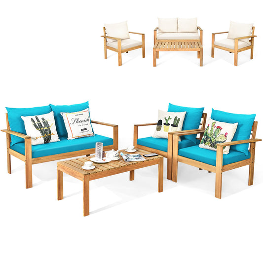Tangkula Outdoor 4-Piece Acacia Wood Chat Set - HW64146WH-C+HW64146TU+