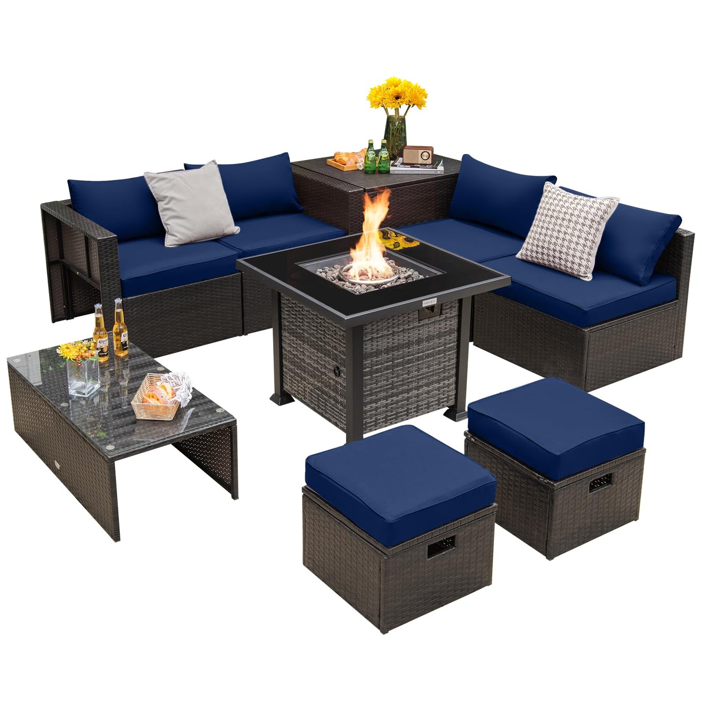 Tangkula 9 Pieces Patio Furniture Set with 50,000 BTU Propane Fire Pit Table - NP10618GR+HW68592DK+