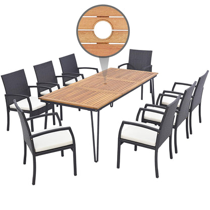 Tangkula 9 Pieces Patio Rattan Dining Set with Acacia Wood Table - HW71588+2*HW70830-4
