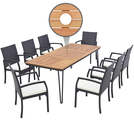 Tangkula 9 Pieces Patio Rattan Dining Set with Acacia Wood Table - HW71588+2*HW70830-4