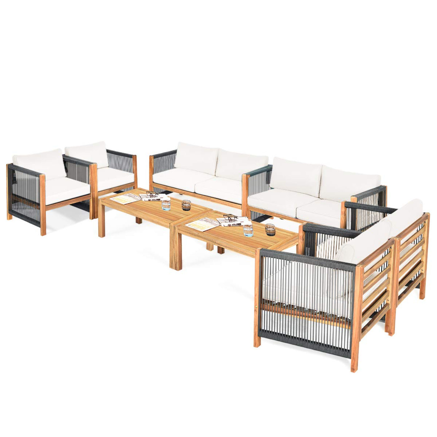 Tangkula Outdoor Wood Furniture Set, Acacia Wood Frame Loveseat Sofa, 2 Single Chairs and Coffee Table - HW63868RE