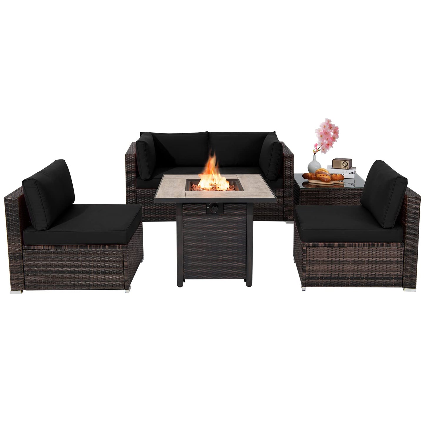 Tangkula 6 Piece Outdoor Rattan Sofa Set with 30in Propane Gas Fire Table - OP70520+HW68691ADK+