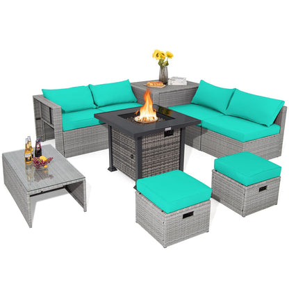 Tangkula 9 Pieces Outdoor Patio Furniture Set with 32-Inch Propane Fire Pit Table - NP10618GR+HW68604DK+