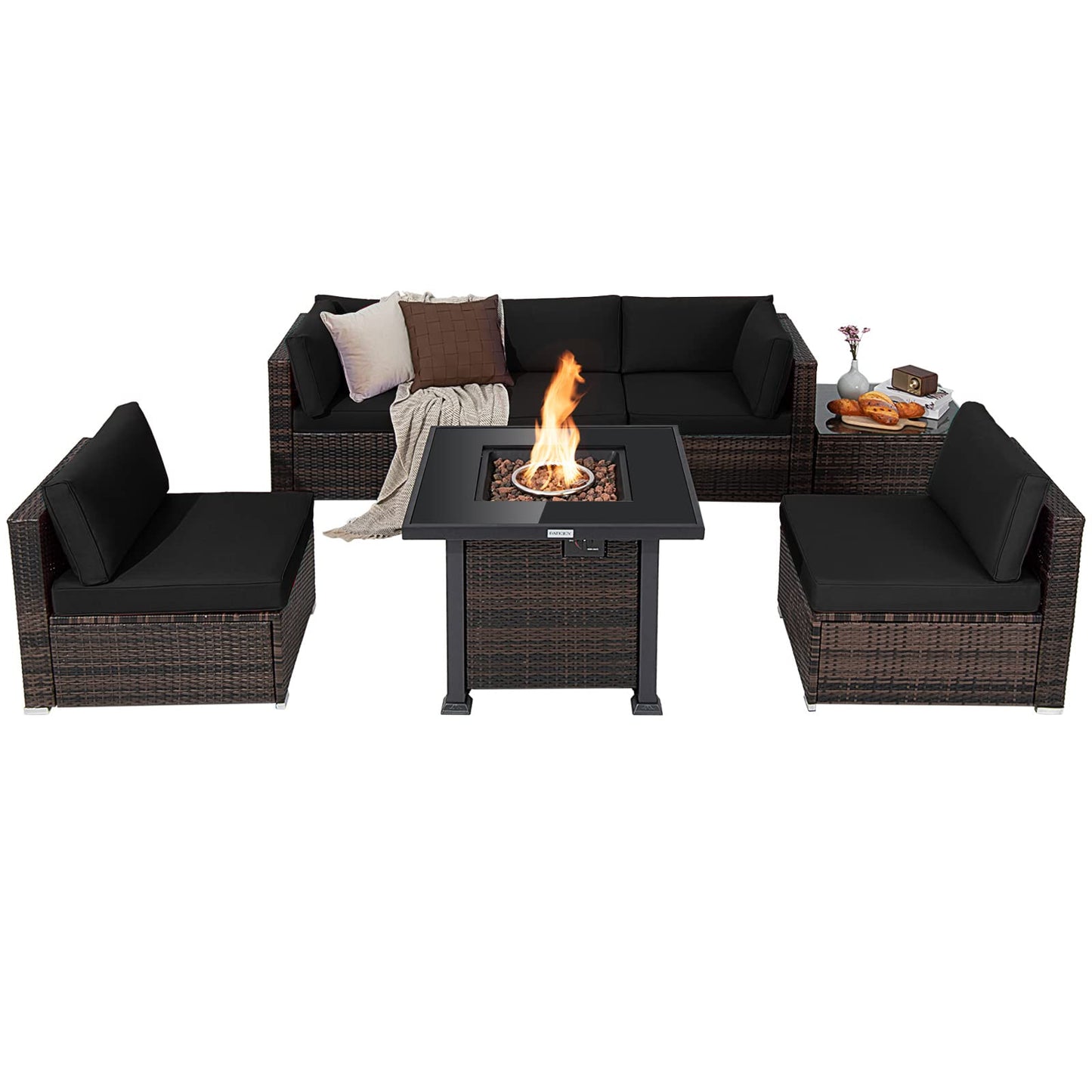 Tangkula 7 Pieces Patio Furniture Set with Fire Pit Table - NP10618CF+HW67937NYA+