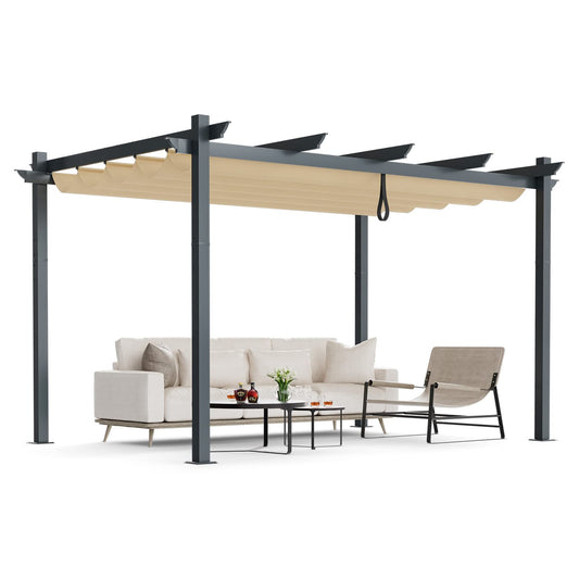 Tangkula 10x13 Ft Pergola, Heavy-Duty Aluminum Outdoor Pergola with Retractable Sun Shade Canopy - NP10911GR