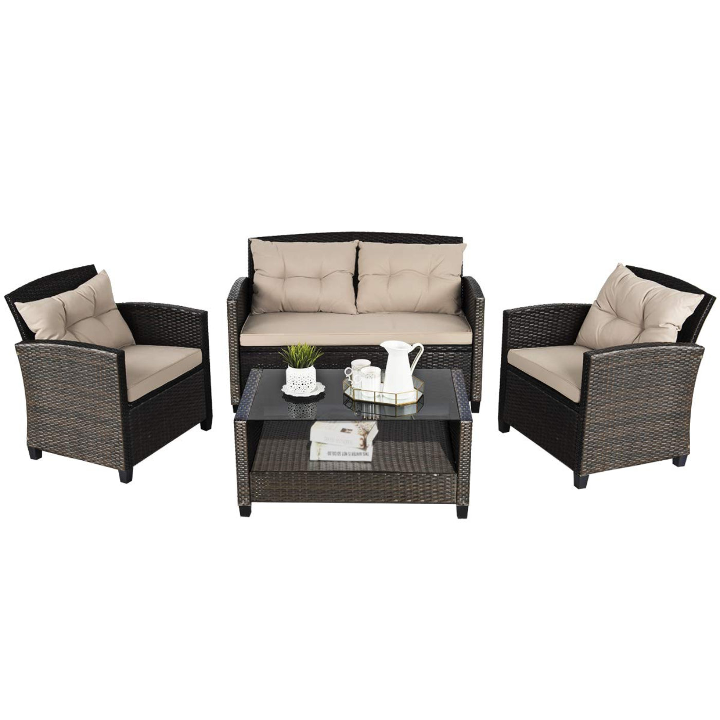 Tangkula 4-Piece Patio Furniture Set, Rattan Wicker Chair Set with 1 Loveseat, 2 Single Sofas - HW63217+