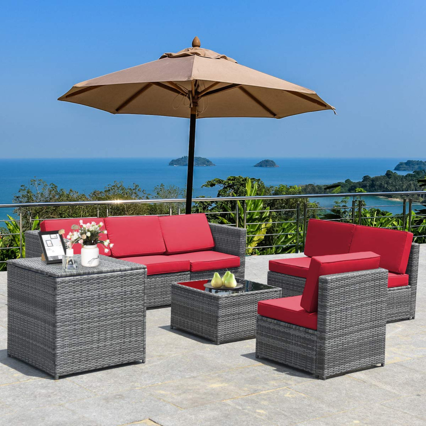 Tangkula 8 PCS Outdoor Patio Furniture Set, Rattan Wicker Sofa Set - HW65782BK+