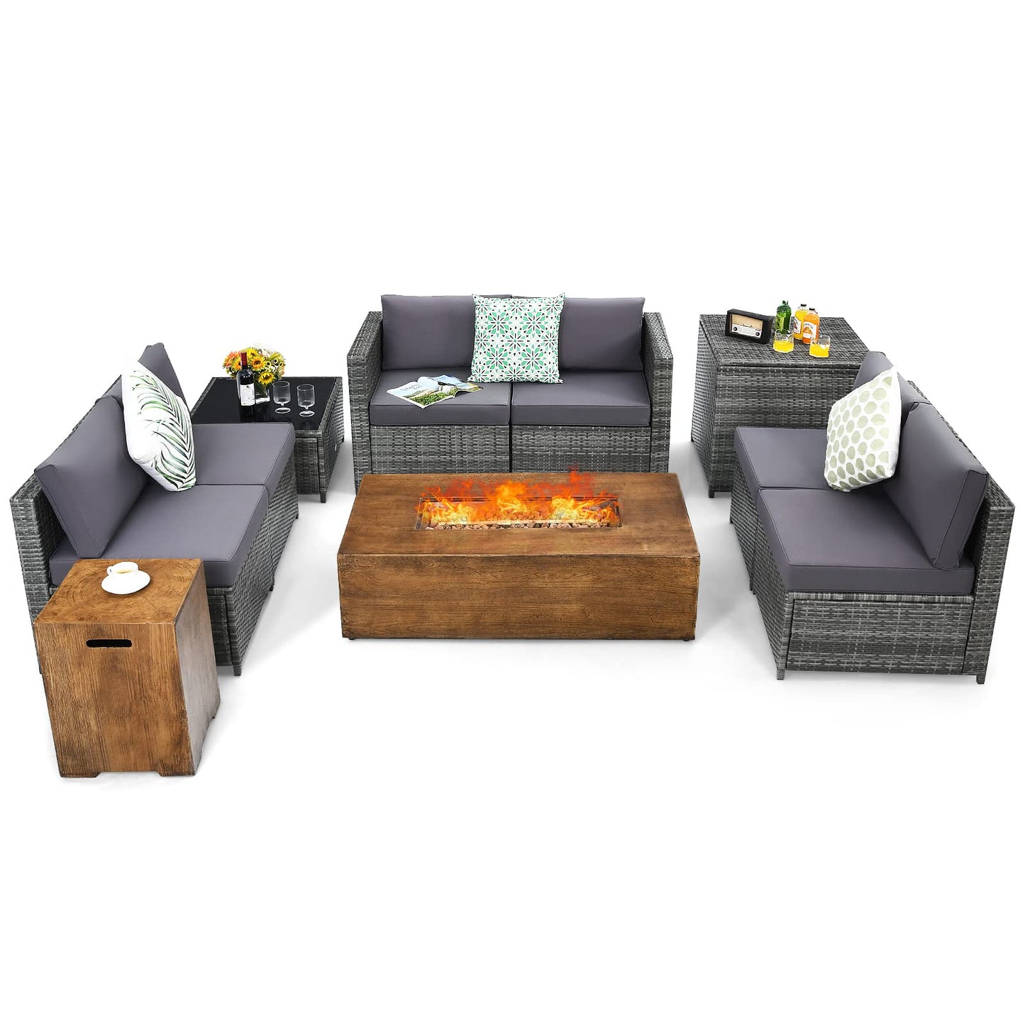 Tangkula 10 Pieces Patio Rattan Conversation Set, Patiojoy Outdoor Wicker Furniture Set - OP70343-A+OP70343-B+HW65782AGR+