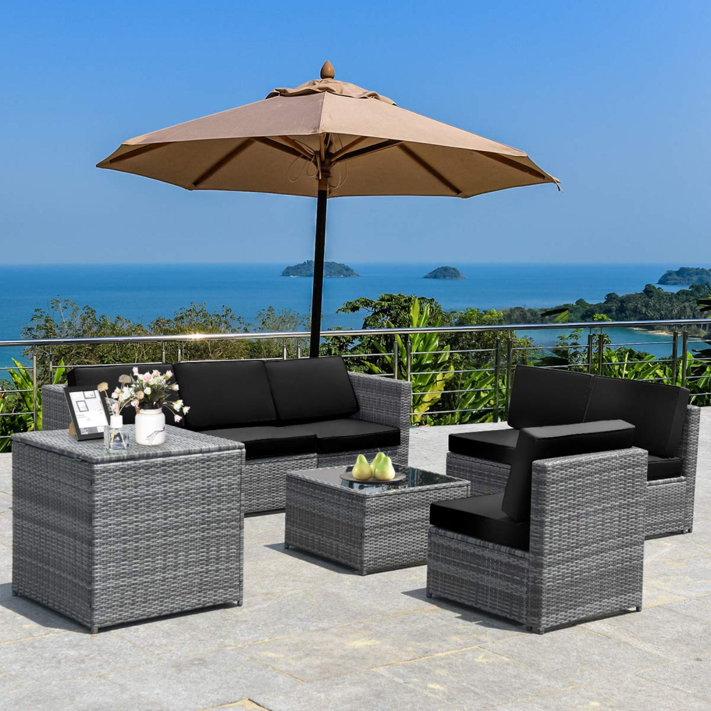 Tangkula 8 PCS Outdoor Patio Furniture Set, Rattan Wicker Sofa Set - HW65782BK+