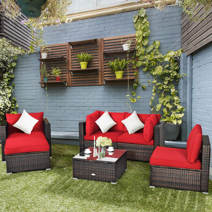 Tangkula 6 Pieces Patio Rattan Sectional Furniture Set, Outdoor Wicker Conversation Set with Glass Coffee Table Sofa Ottoman - HW63877BK+