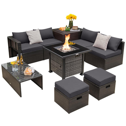 Tangkula 9 Pieces Patio Furniture Set with 50,000 BTU Propane Fire Pit Table - NP10618GR+HW68592DK+