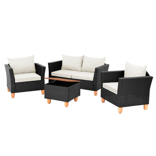 Tangkula Outdoor Conversation Set, Patio Cushioned Chairs w/Storage Coffee Table - HW72334WH+