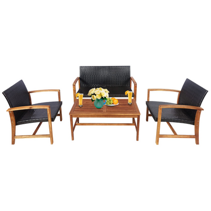 Tangkula 4-Piece PE Rattan Patio Furniture Set, Outdoor Conversation Set - HW69384-12B+HW69384-22B