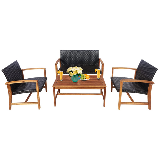 Tangkula 4-Piece PE Rattan Patio Furniture Set, Outdoor Conversation Set - HW69384-12B+HW69384-22B