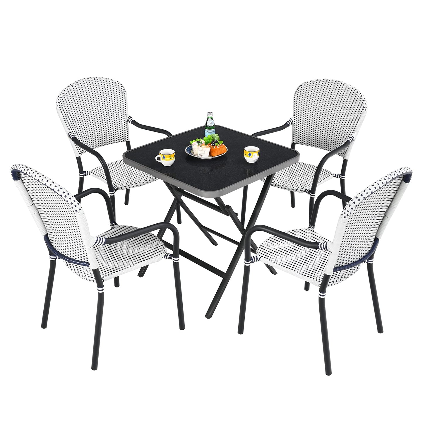 Tangkula 5-Piece Rattan Patio Dining Set, No Assembly Needs, Square Folding Table & 4 Stackable Chairs Set - NP10107+NP10073WL