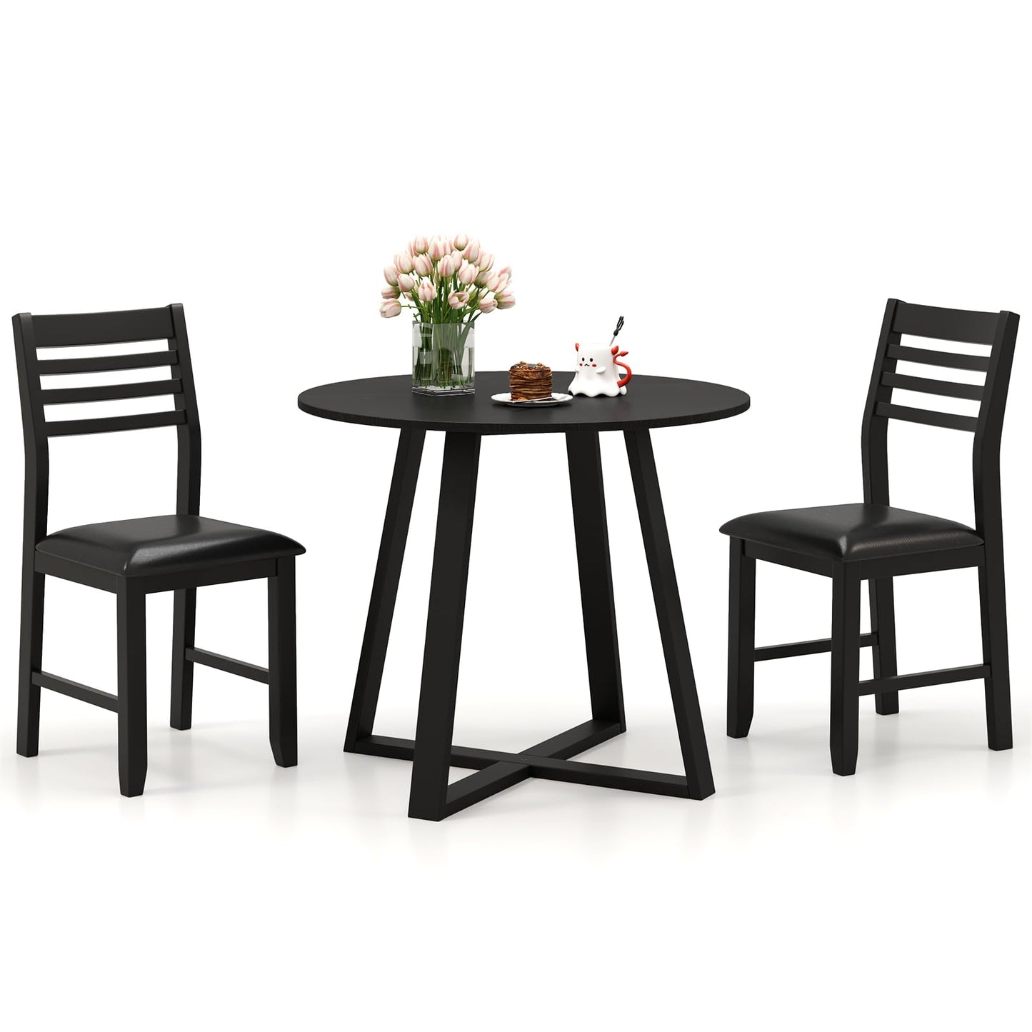 Tangkula Round Dining Table Set , Dinette Set with Table and Padded PU Chairs - KC57274BK+KC57108BK