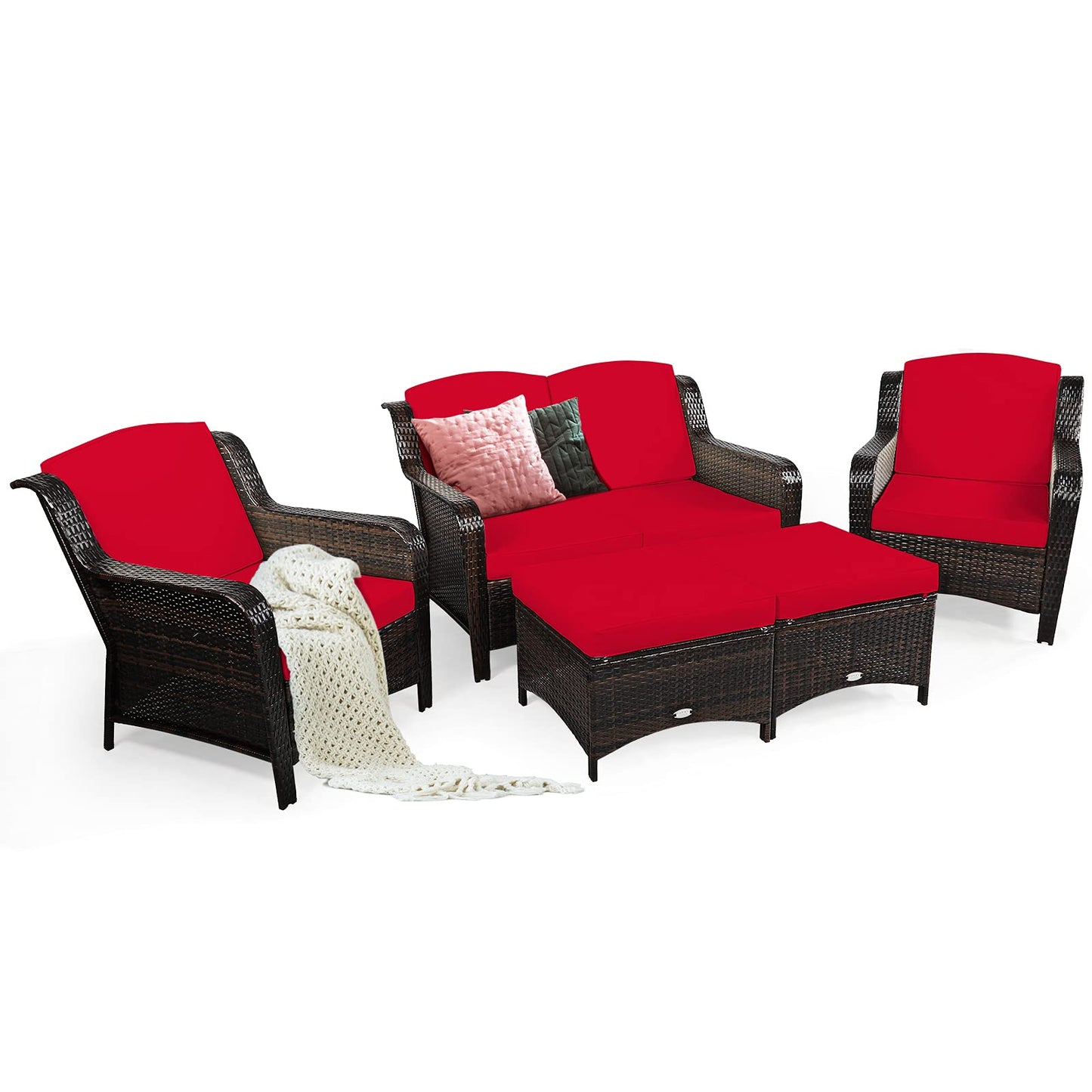 Tangkula 5 Pieces Patio Furniture Set, Outdoor Rattan Conversation Sofa Set with Loveseat - HW67702TU+