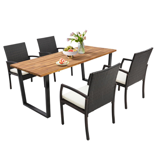 Tangkula Patio Rattan Dining Set, Acacia Wood Tabletop w/Umbrella Hole - HW70830-4+HW70840