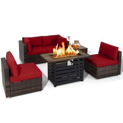 Tangkula 6-Piece Patio Furniture Set with 42 Inches Propane Fire Pit Table - NP10461+HW68691BDK+