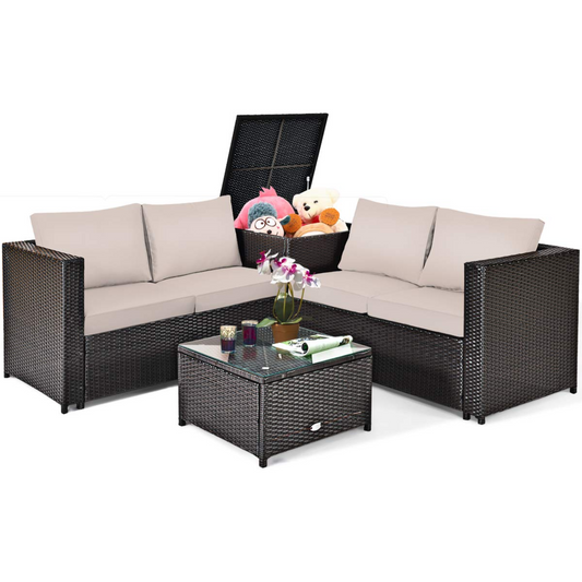 Tangkula Wicker Patio Set with Storage, All Weather-Proof Outdoor Conversation Set - HW66714BN+