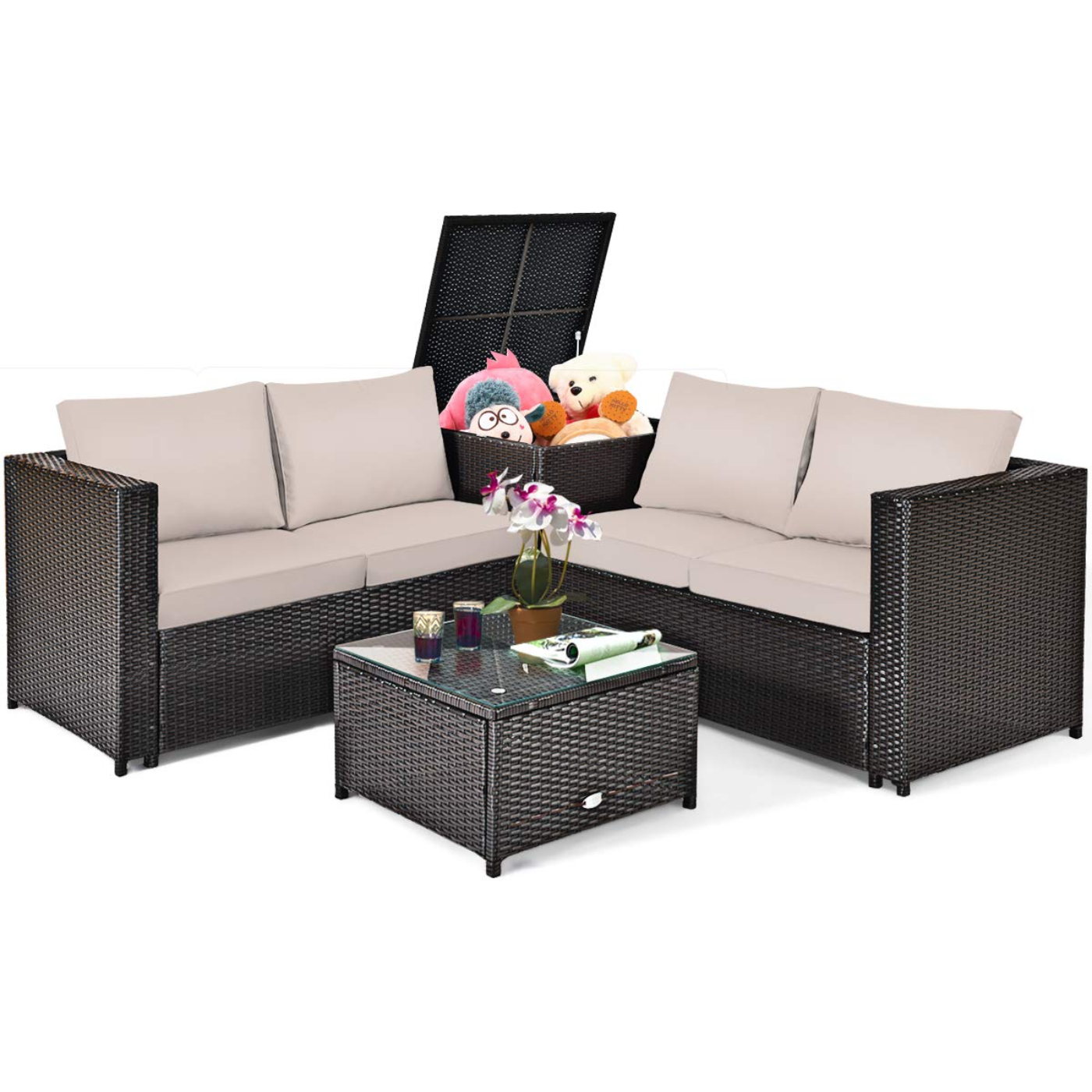 Tangkula Wicker Patio Set with Storage, All Weather-Proof Outdoor Conversation Set - HW66714BN+