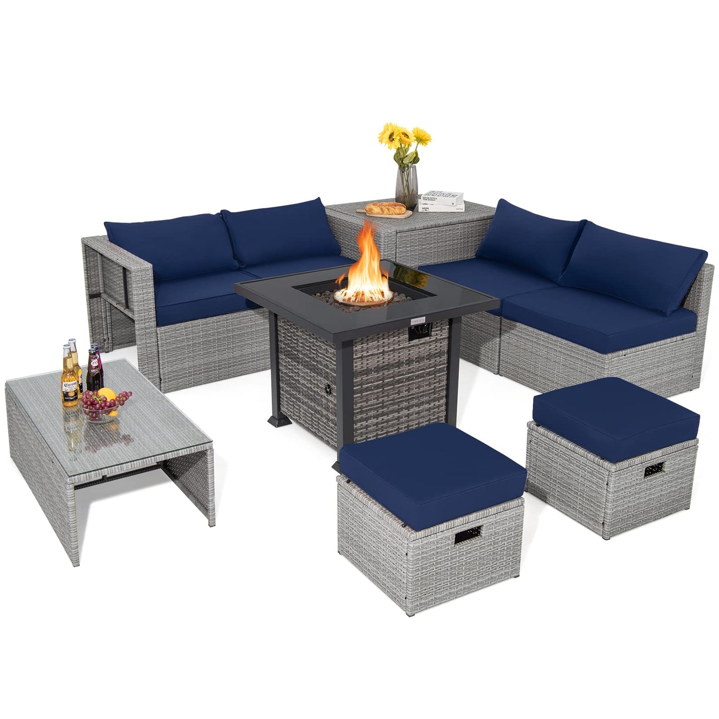 Tangkula 9 Pieces Outdoor Patio Furniture Set with 32-Inch Propane Fire Pit Table - NP10618GR+HW68604DK+
